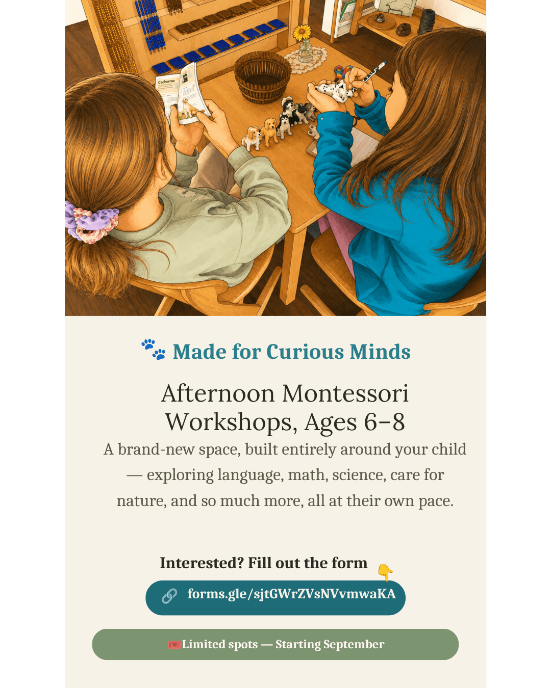 Flyer for Afternoon Montessori Workshops, Ages 6–8