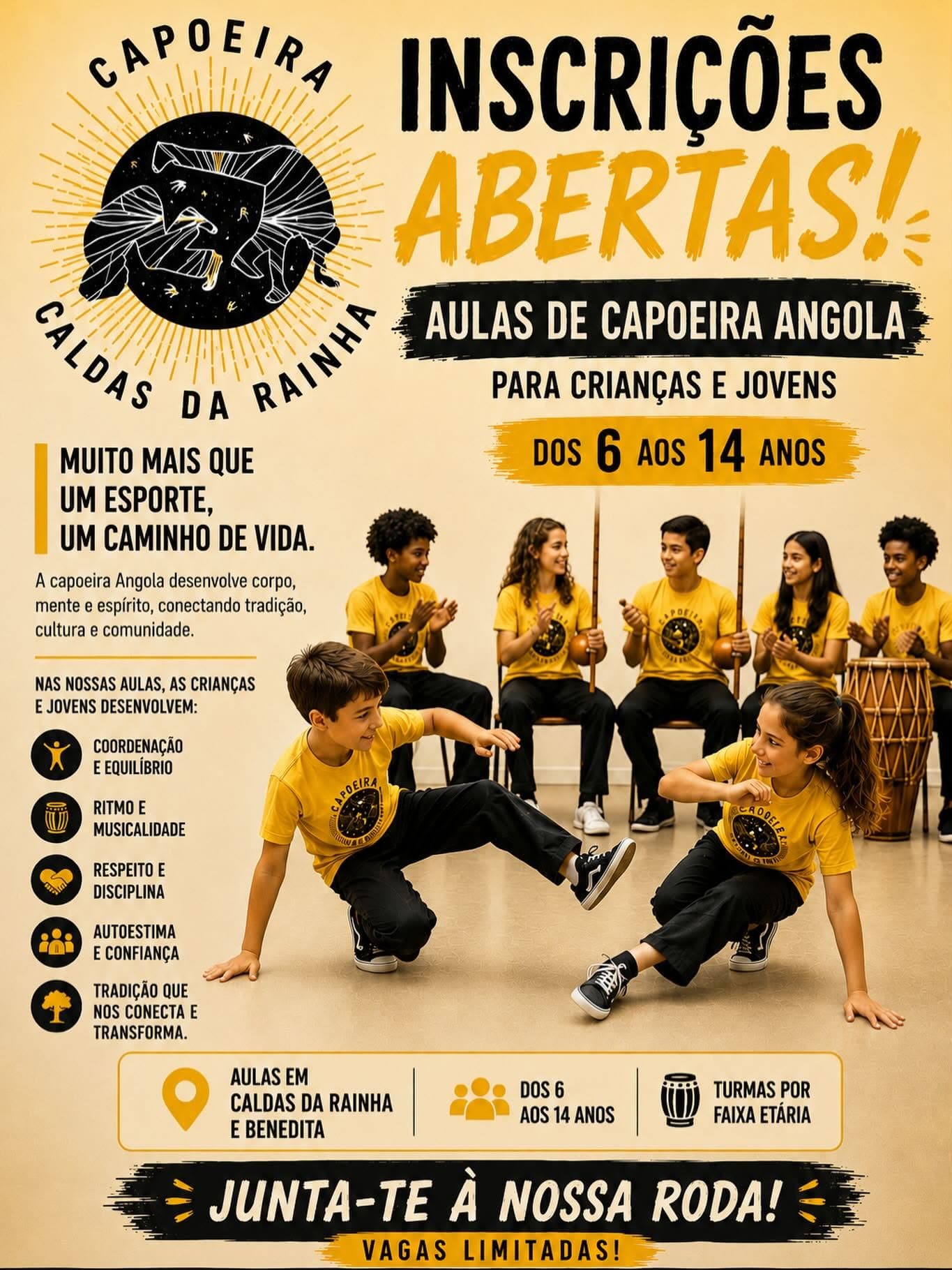 Flyer for Aulas de Capoeira Angola - Capoeira Classes for Kids